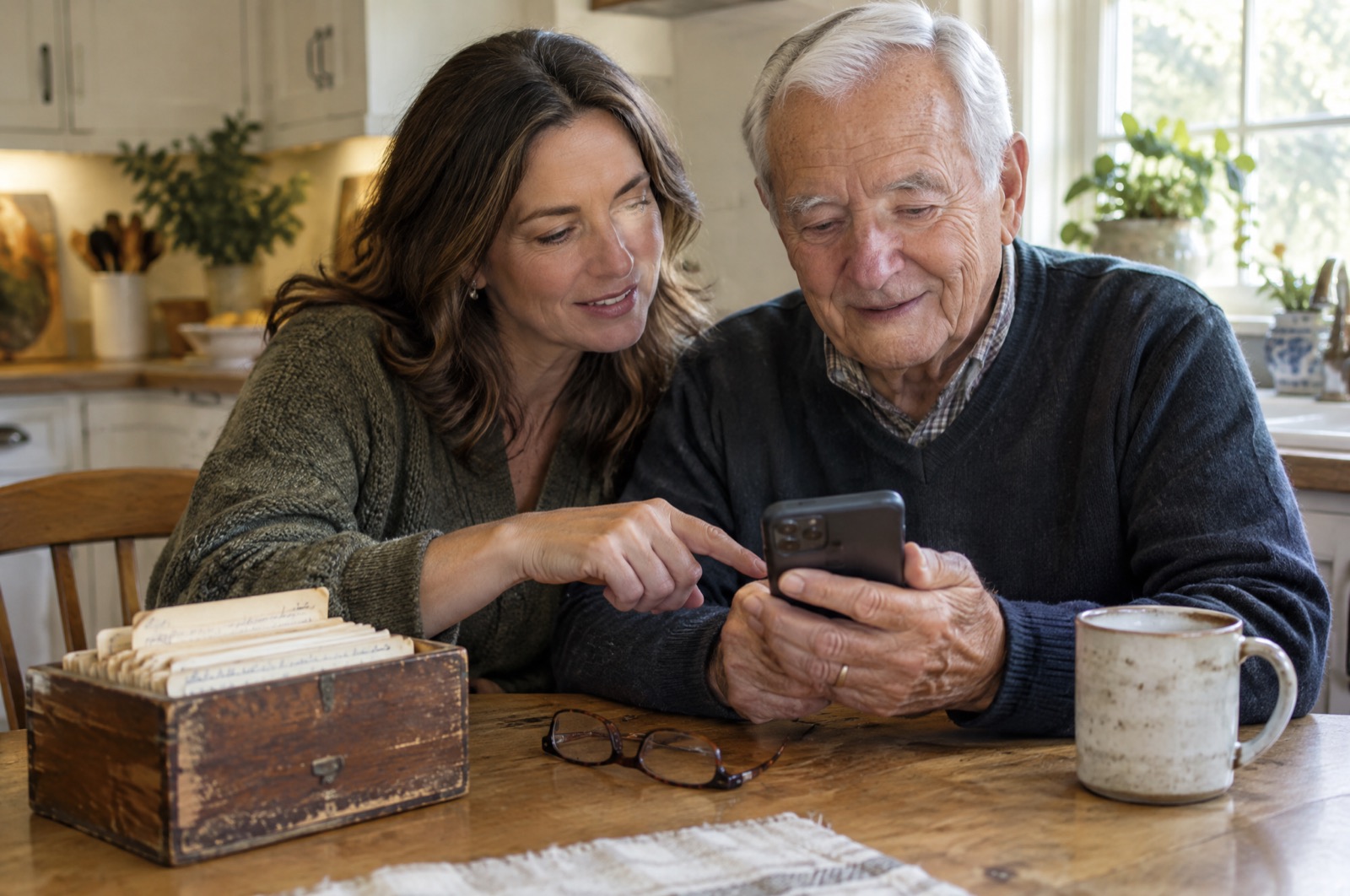 An adult daughter helping her elderly father with his iPhone at the kitchen table, next to a wooden box of handwritten recipe cards