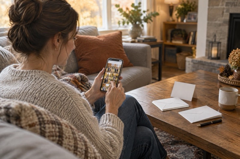 A mother on a sofa scrolling autumn family photos on her iPhone beside blank greeting cards