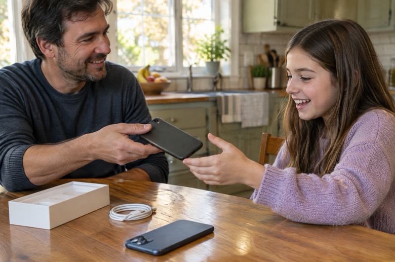 A father handing his old iPhone to his smiling daughter across the kitchen table