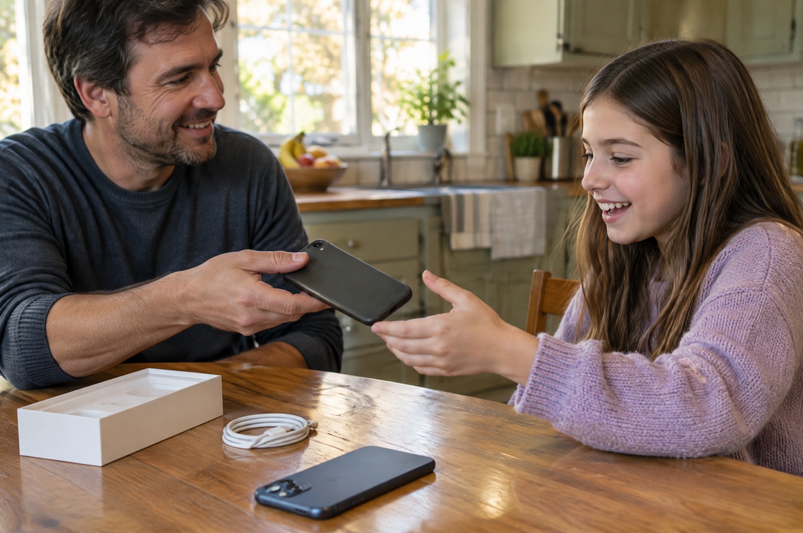 A father at the kitchen table handing his old iPhone to his smiling daughter, with his new iPhone, an empty phone box and a charging cable on the table