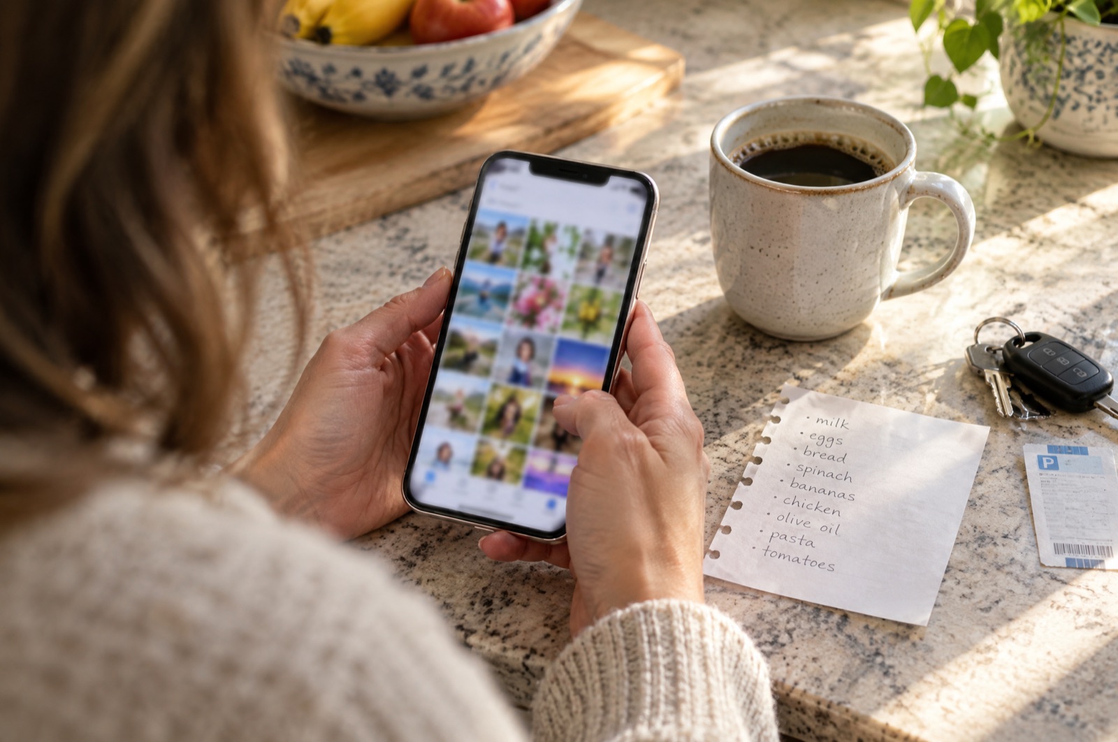 A woman at a kitchen counter scrolling her iPhone photo grid, next to a coffee, a handwritten shopping list, car keys and a parking stub