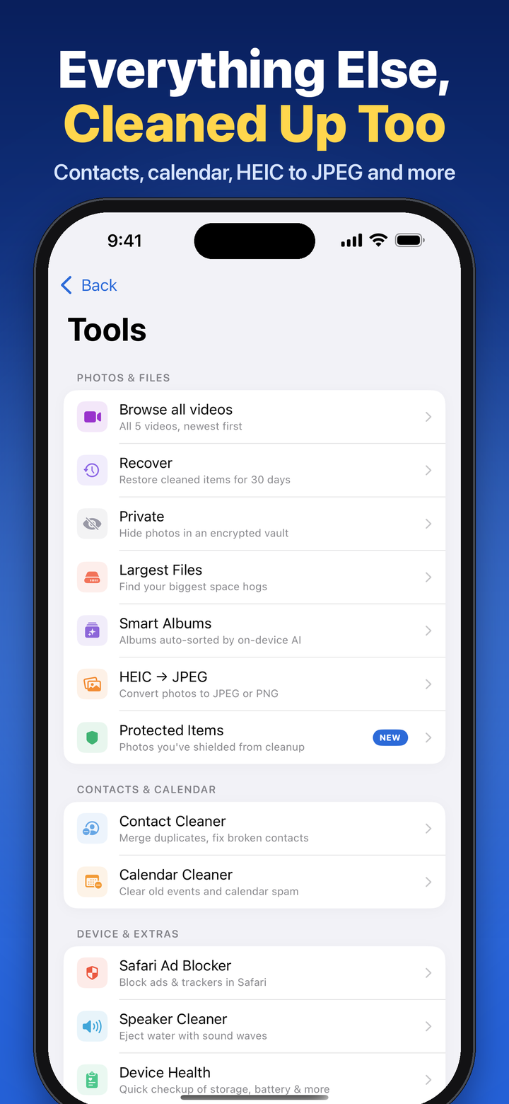 Phone Diet More Tools list with compress, email, contact and calendar cleaners, HEIC to JPEG, speaker cleaner, and Safari ad blocker