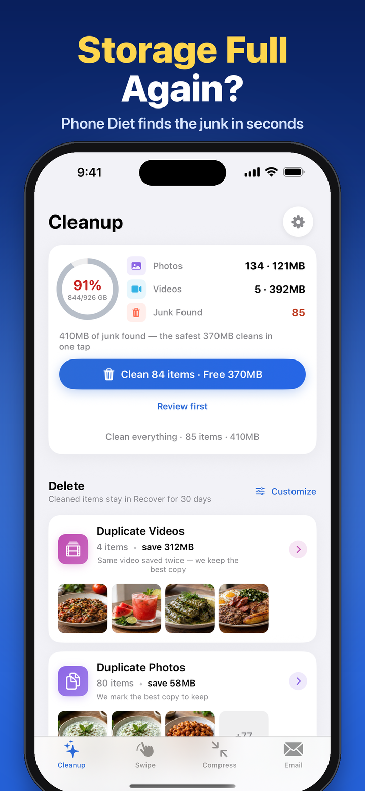 Phone Diet Cleanup tab showing 57% of storage used, 11.5 GB of junk found, and a Clean button