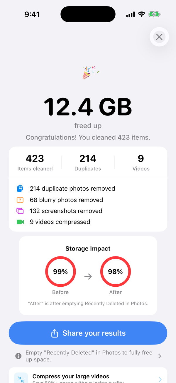Phone Diet cleanup summary screen with sample figures and a note that the space is fully freed once Recently Deleted in Photos is emptied