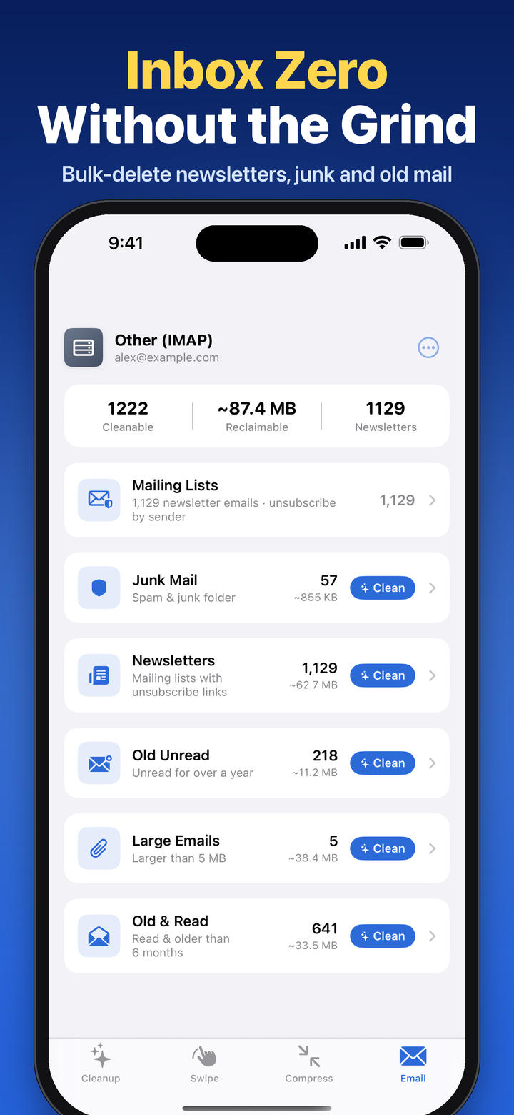 Phone Diet Email Cleaner sorting mail into Social Media, Promotions, Updates, and other categories, each with a Clean button