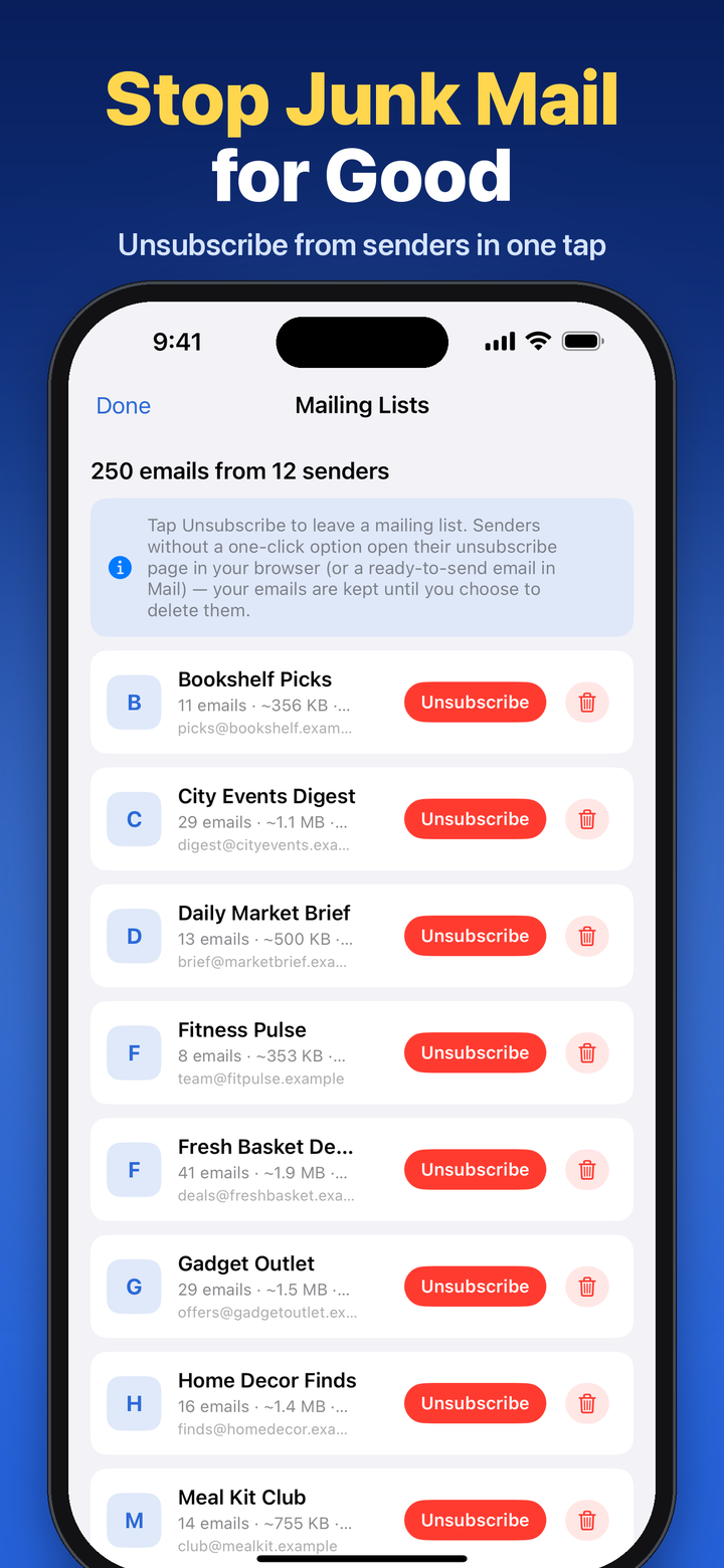 Phone Diet unsubscribe list of senders such as LinkedIn, YouTube, and Amazon, each with Keep and Unsubscribe buttons