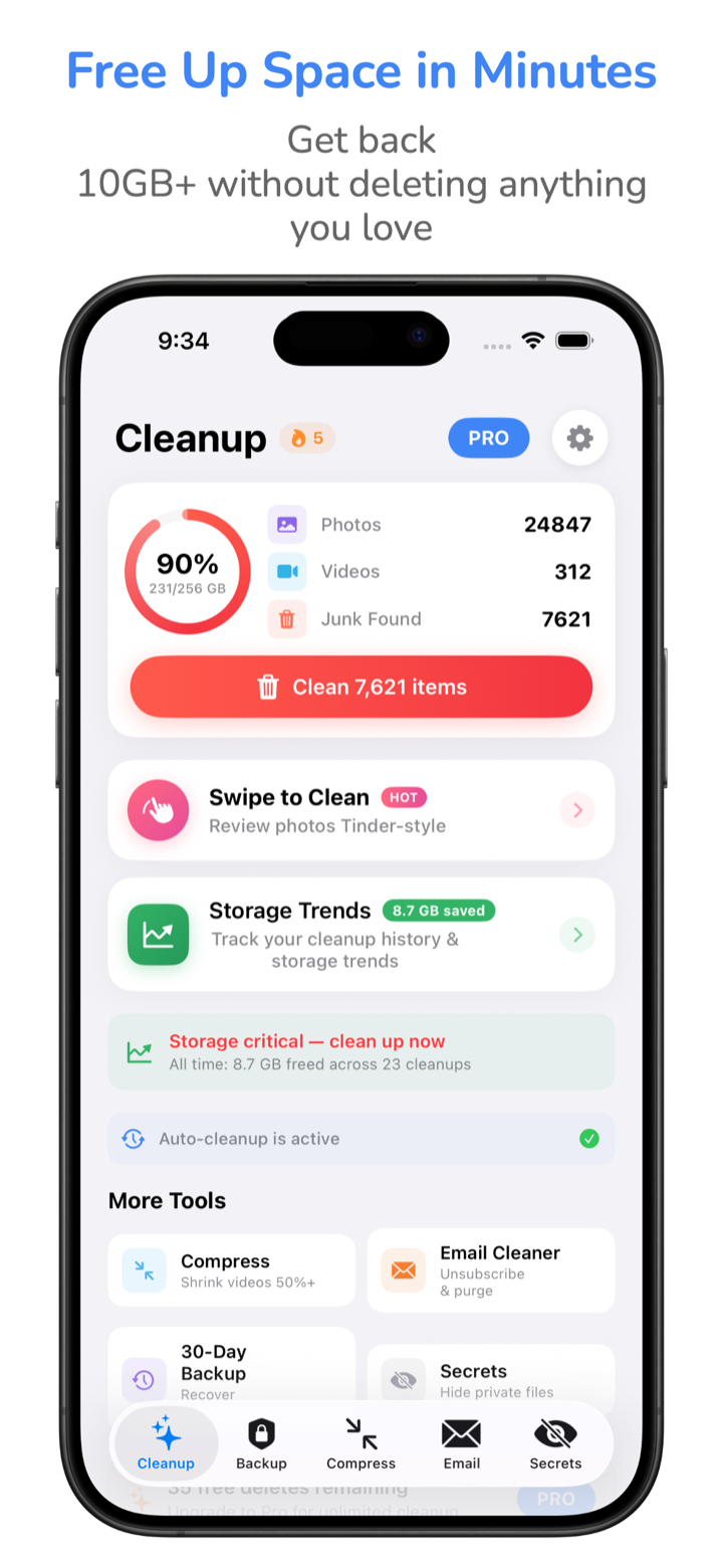 Cleanup My Phone main dashboard on iPhone showing 24,847 photos, 312 videos, and 7,621 cleanable items