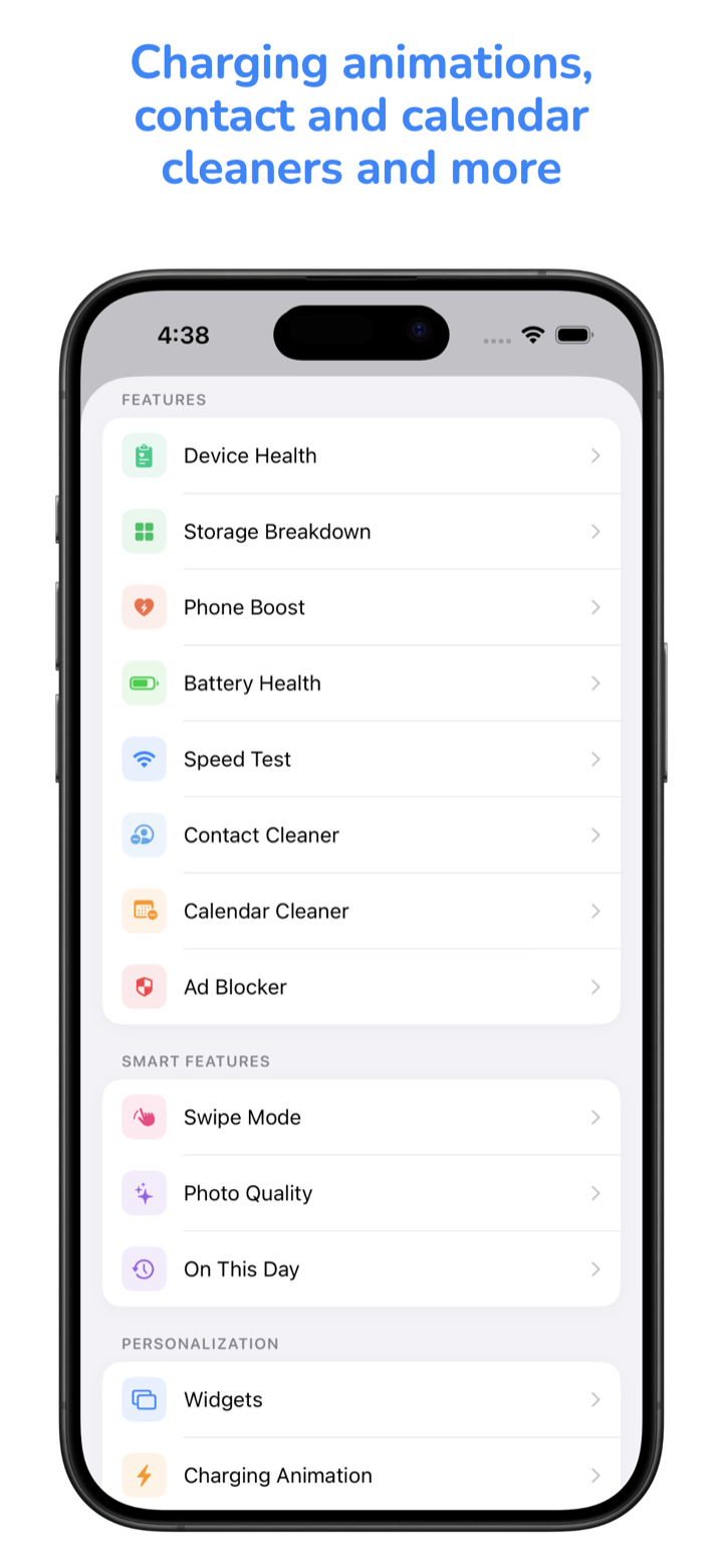 Features menu showing Device Health, Storage Breakdown, Phone Boost, Battery Health, Speed Test, Contact Cleaner, Calendar Cleaner, Ad Blocker, Swipe Mode, Widgets, and Charging Animations