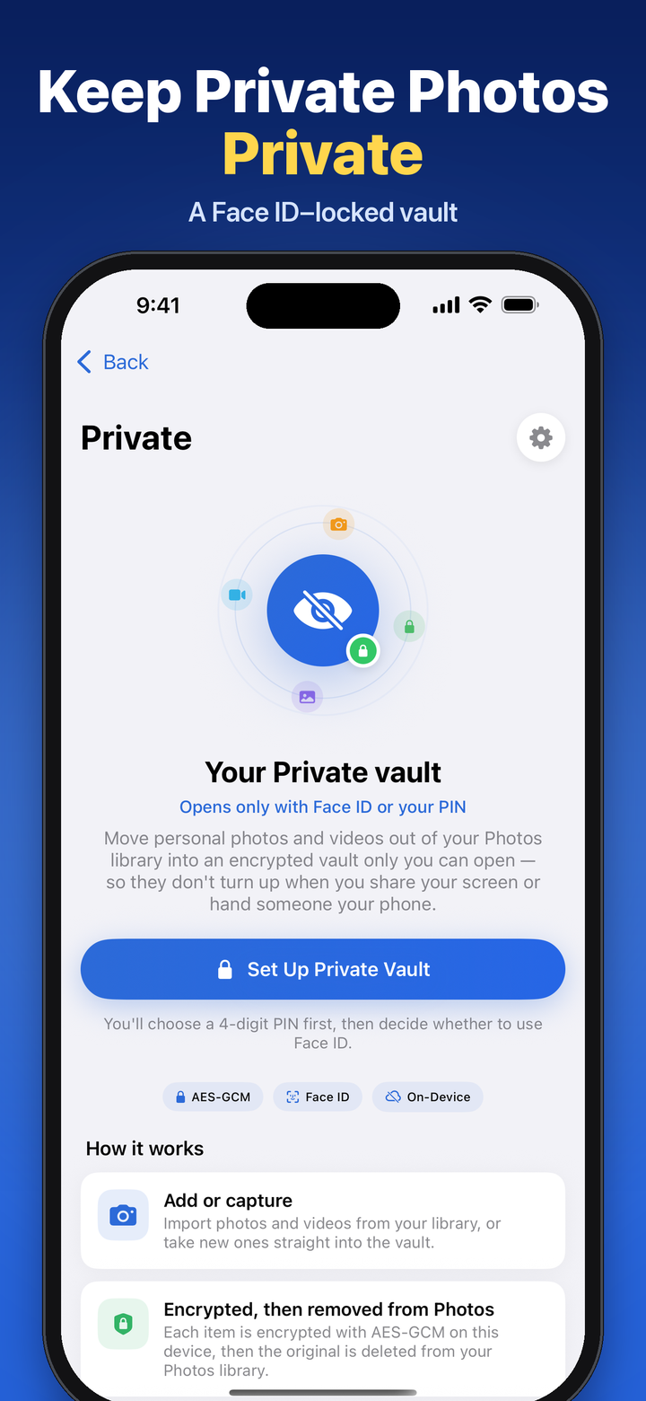 Phone Diet Private vault screen, opened with Face ID or a PIN, with an Add Photos button