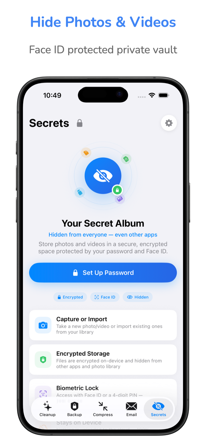 Secrets private vault with Face ID protection, encrypted storage, and biometric lock for hiding photos and videos