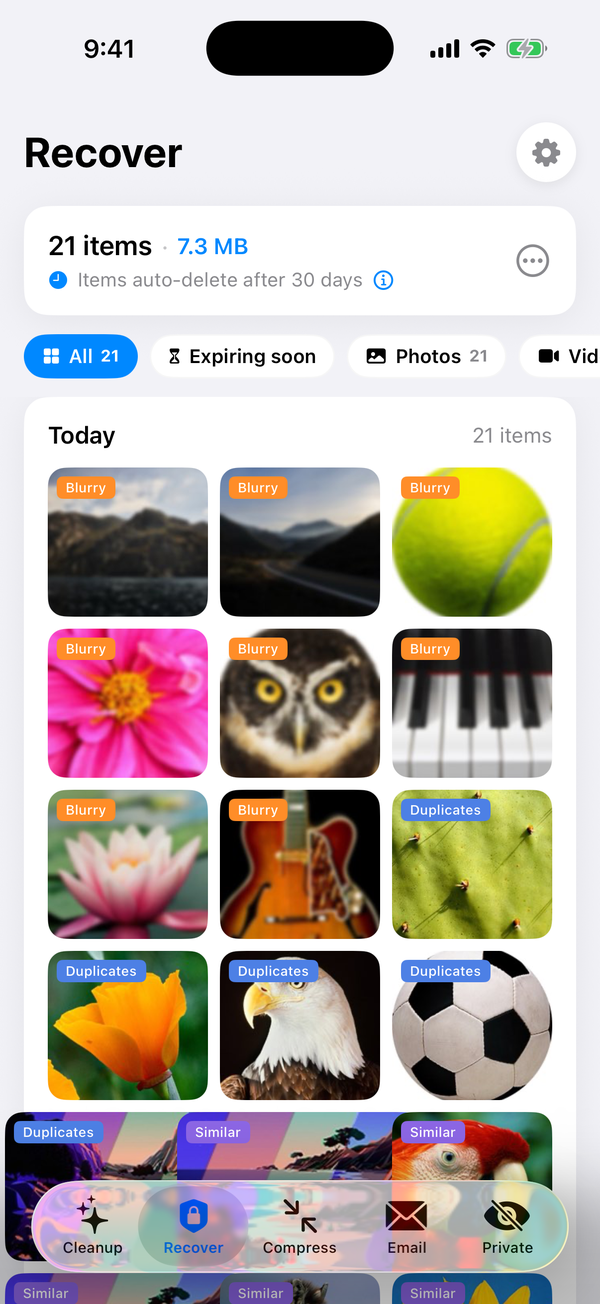 Phone Diet Recover tab listing cleaned blurry and duplicate photos, with a note that items auto-delete after 30 days