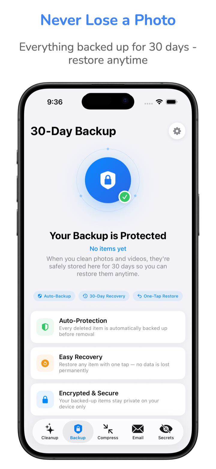 30-Day Backup screen showing Auto-Backup, 30-Day Recovery, One-Tap Restore, Auto-Protection, and Easy Recovery features