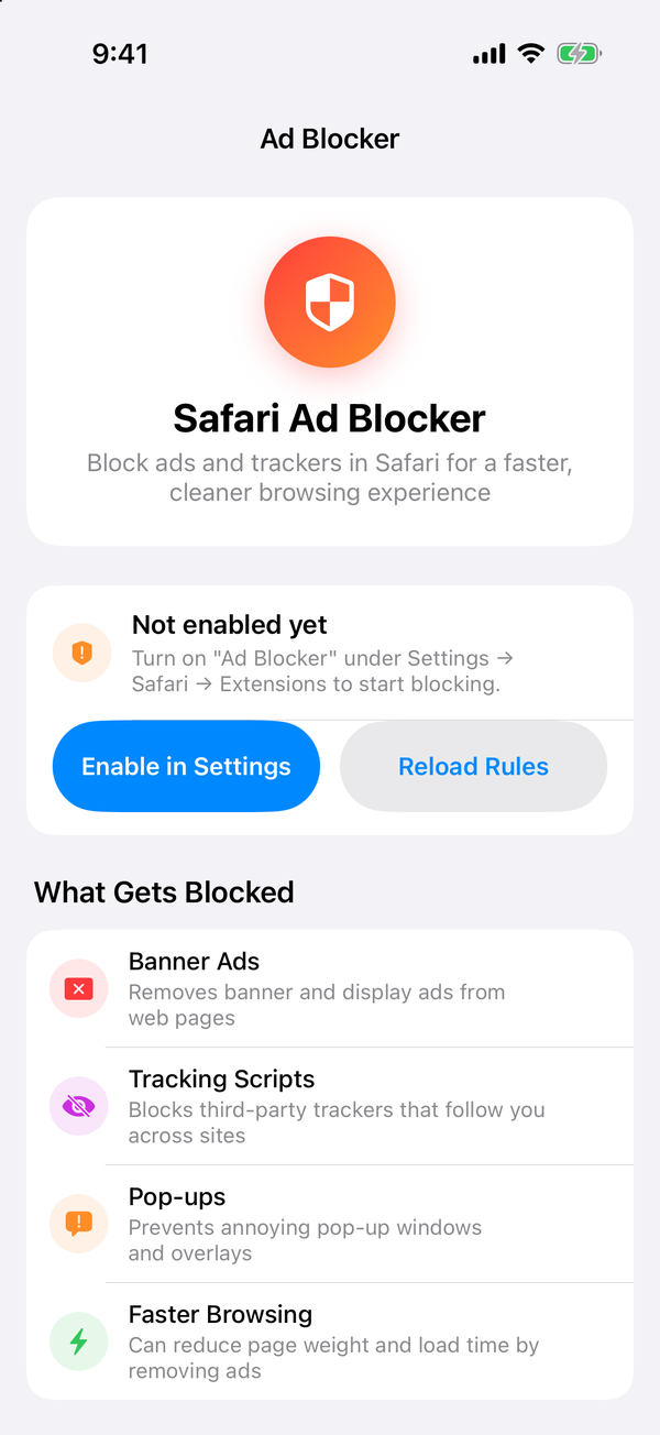 Phone Diet Safari Ad Blocker screen with the button to turn it on in Settings