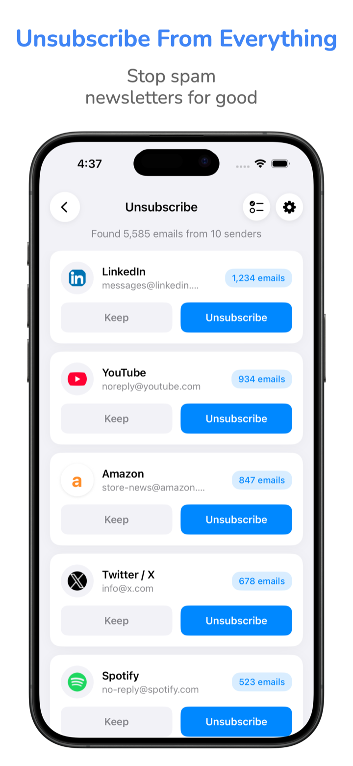 Unsubscribe screen showing 5,585 emails from 10 senders including LinkedIn, YouTube, Amazon, Twitter/X, and Spotify with one-tap unsubscribe