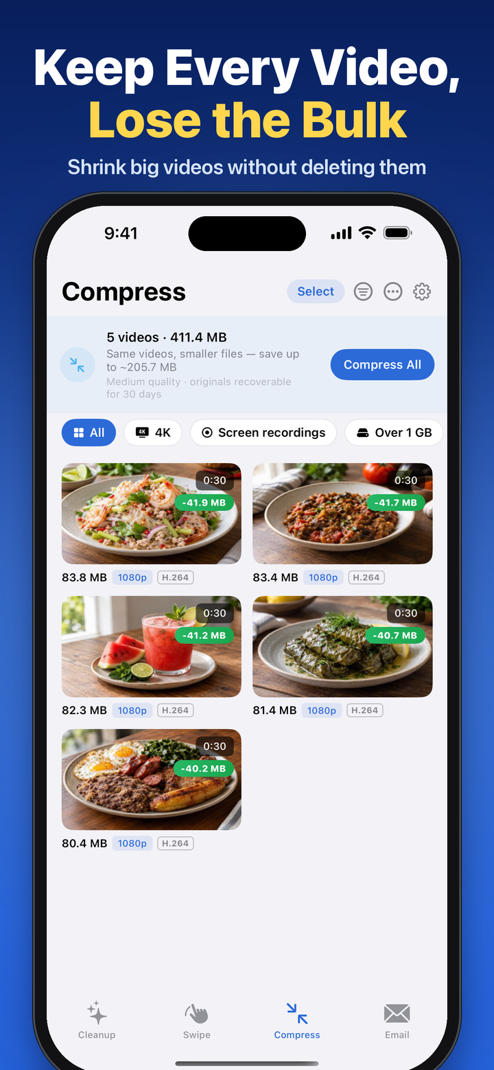 Phone Diet Compress tab listing large videos and how much space each would save